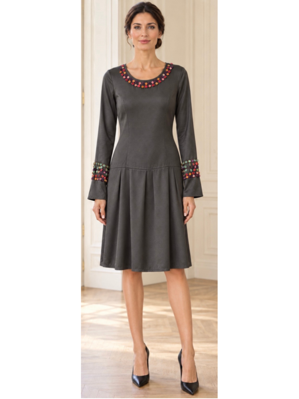 Women's Etro Long Sleeve Dress Size 40/4 Grey Multicolor Embellished New